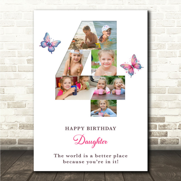 Photo Collage 7-Photo 4th Birthday Gift For Kids Girls Butterfly Print Or Canvas