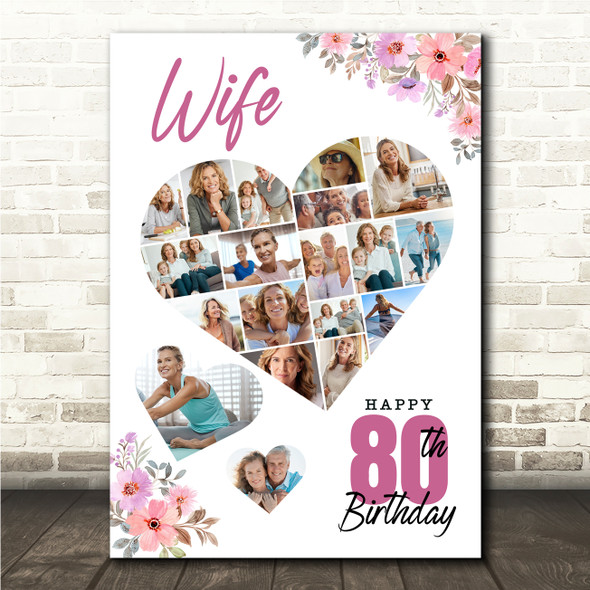 Photo Collage 80th Birthday Custom Gift For Wife 19-Photo Floral Print Or Canvas