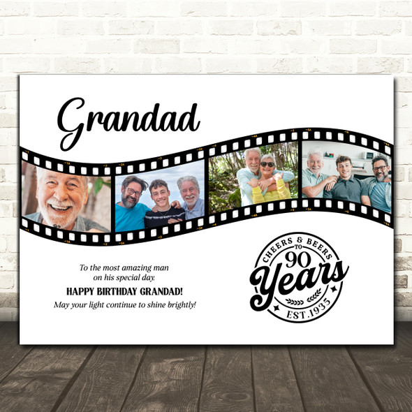Photo Collage 90th Birthday Gift For Grandad 4-Photo Camera Film Print Or Canvas
