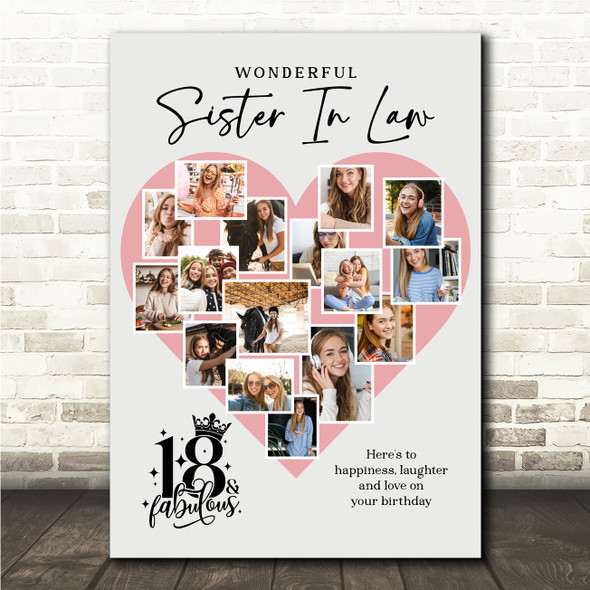 Photo Collage 18th Birthday Gift For Sister-In-Law 16-Photo Pink Print Or Canvas