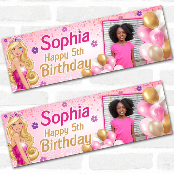 Personalised Party Banner For Kids Birthday Barbie Balloons With Photo Any Age