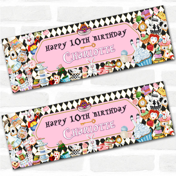 Personalised Party Banner Kids Birthday Girls Alice In Wonderland Any Age