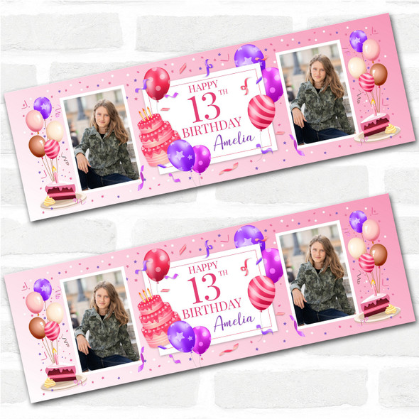 Personalised Party Banner For 13th Birthday With Photo Female Pink Cake