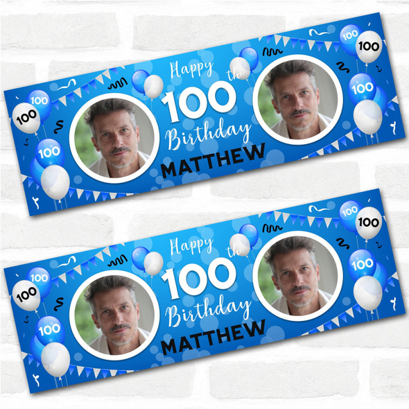 Personalised Party Banner For 100th Birthday With Photo Male Blue Balloons