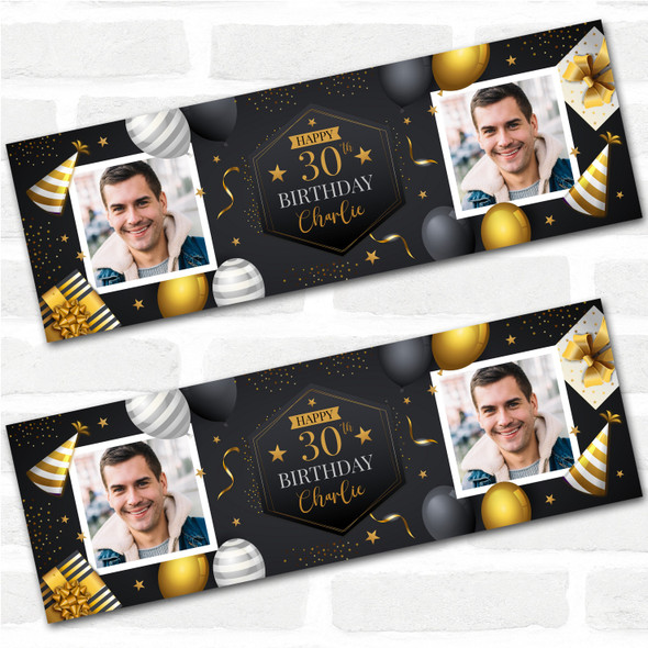 Personalised Party Banner For 30th Birthday With Photo Male Gold Black Balloons