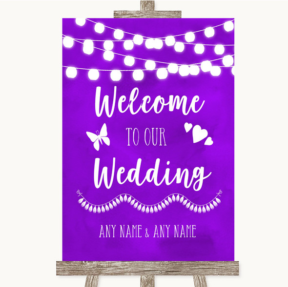 Purple Watercolour Lights Welcome To Our Wedding Personalised Wedding Sign