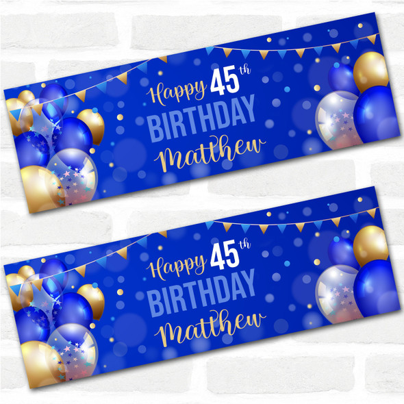 Personalised Party Banner For 45th Birthday Male Blue Gold Balloons