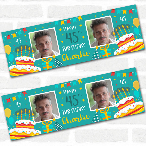 Personalised Party Banner For 45th Birthday With Photo Male Turquoise Cake Personalised Party Banner For 45th Birthday With Photo Male Turquoise Cake