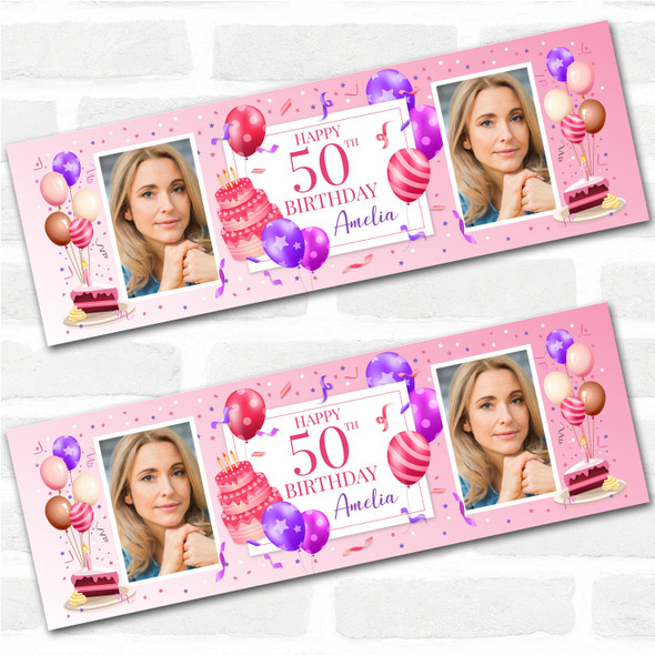 Personalised Party Banner For 50th Birthday With Photo Female Pink Cake