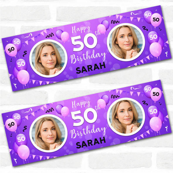 Personalised Party Banner For 50th Birthday With Photo Female Purple Balloons