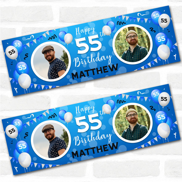 Personalised Party Banner For 55th Birthday With Photo Male Blue Balloons