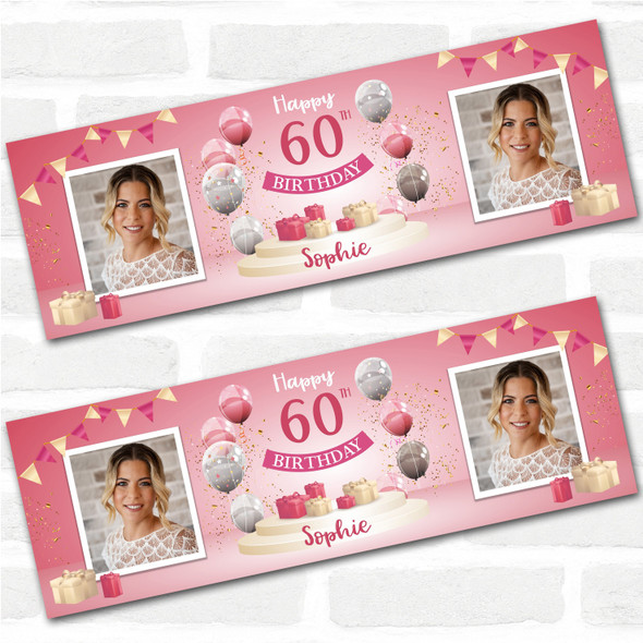 Personalised Party Banner For 60th Birthday With Photo Female Pink Balloon Gift