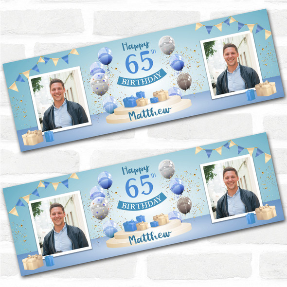 Personalised Party Banner For 65th Birthday With Photo Male Blue Balloon Gift
