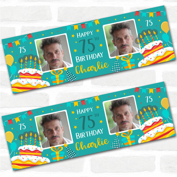 Personalised Party Banner For 75th Birthday With Photo Male Turquoise Cake