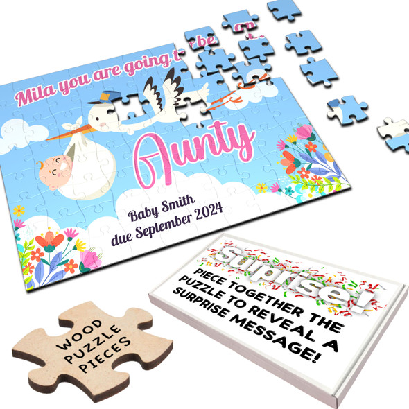 FREE WITH ORDERS OVER £30! - Aunty Pregnancy Announcement Gift Stork Baby Personalised Wooden Jigsaw Puzzle