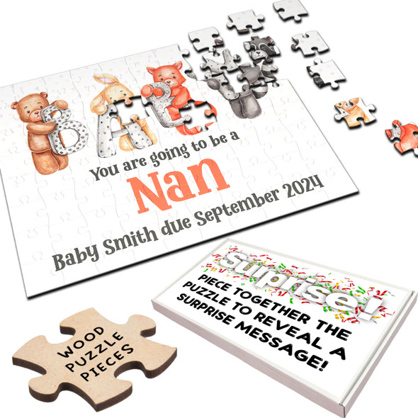FREE WITH ORDERS OVER £30! - For Nan Pregnancy Baby Announcement Gift Animals Personalised Wood Jigsaw Puzzle FREE WITH ORDERS OVER £30! - For Nan Pregnancy Baby Announcement Gift Animals Personalised Wood Jigsaw Puzzle