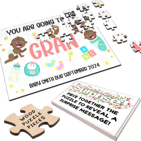 FREE WITH ORDERS OVER £30! - Gran Pregnancy Announcement Gift Dark Skin Baby Personalised Wood Jigsaw Puzzle FREE WITH ORDERS OVER £30! - Gran Pregnancy Announcement Gift Dark Skin Baby Personalised Wood Jigsaw Puzzle
