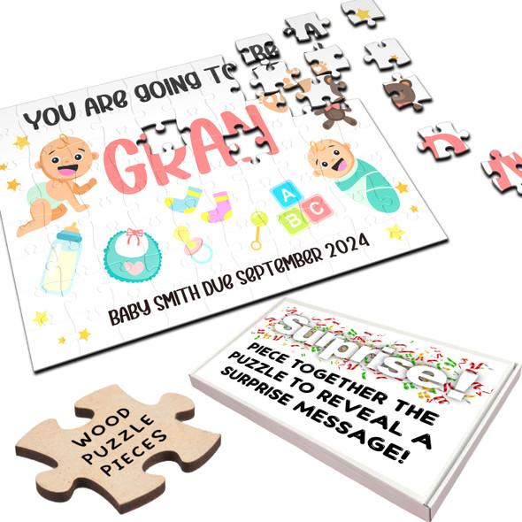 FREE WITH ORDERS OVER £30! - Gran Pregnancy Announcement Gift Light Skin Baby Personalised Wood Jigsaw Puzzle FREE WITH ORDERS OVER £30! - Gran Pregnancy Announcement Gift Light Skin Baby Personalised Wood Jigsaw Puzzle