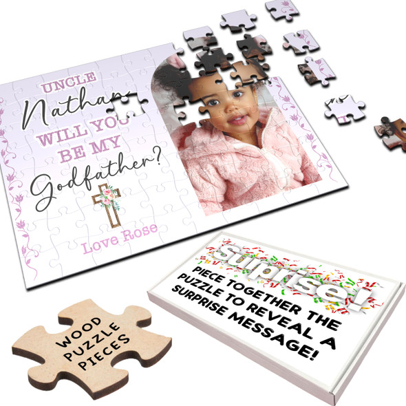 FREE WITH ORDERS OVER £30! - Will You Be My Godfather Gift Floral Cross Photo Personalised Wood Jigsaw Puzzle