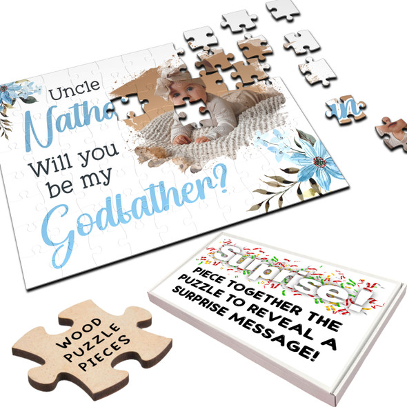 FREE WITH ORDERS OVER £30! - Will You Be My Godfather Gift Blue Floral Photo Personalised Wood Jigsaw Puzzle