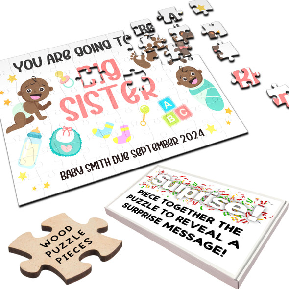 FREE WITH ORDERS OVER £30! - Big Sister Pregnancy Announcement Gift Dark Skin Baby Custom Wood Jigsaw Puzzle