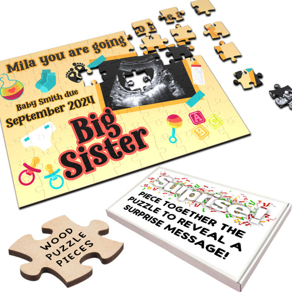 FREE WITH ORDERS OVER £30! - Big Sister Pregnancy Announcement Gift Baby Scan Photo Custom Wood Jigsaw Puzzle