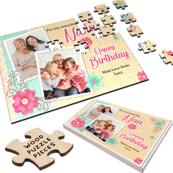 FREE WITH ORDERS OVER £30! - Floral Birthday Gift Nan Photo Yellow Background Personalised Wood Jigsaw Puzzle
