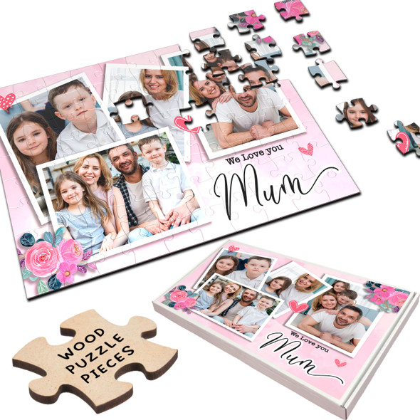 FREE WITH ORDERS OVER £30! - Gift For Mum Pink Floral Photo Collage Custom Personalised Wooden Jigsaw Puzzle