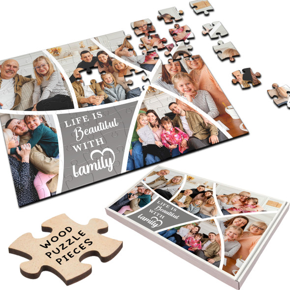 FREE WITH ORDERS OVER £30! - Grey Family Photo Collage Gift Custom Personalised Wooden Jigsaw Puzzle