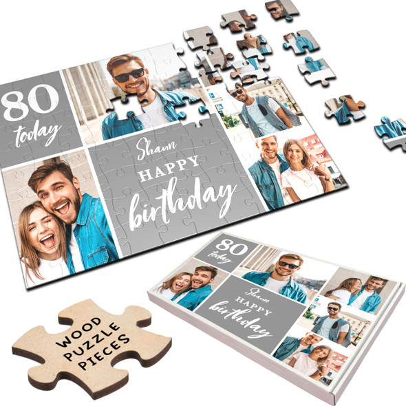FREE WITH ORDERS OVER £30! - Grey Photo Collage 80th Birthday Gift Him Her Personalised Wooden Jigsaw Puzzle FREE WITH ORDERS OVER £30! - Grey Photo Collage 80th Birthday Gift Him Her Personalised Wooden Jigsaw Puzzle