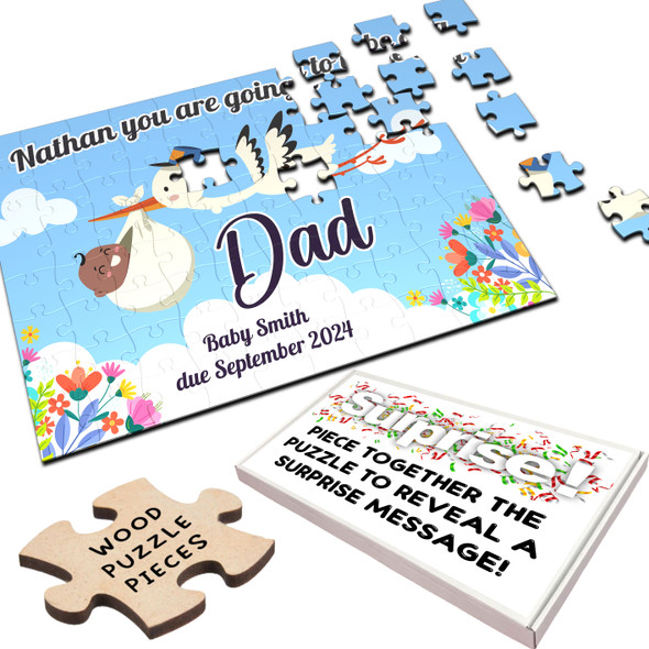 FREE WITH ORDERS OVER £30! - Dad Pregnancy Announcement Gift Stork Dark Skin Baby Custom Wood Jigsaw Puzzle