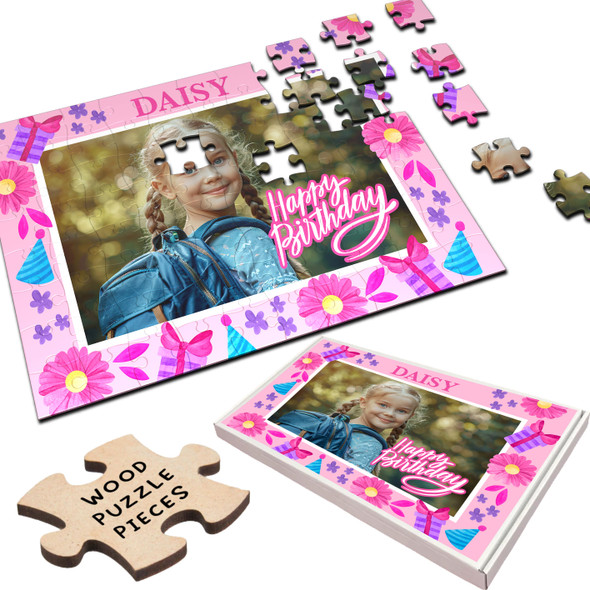 FREE WITH ORDERS OVER £30! - Birthday Gift Girl Kids Floral Photo Frame Personalised Wooden Jigsaw Puzzle