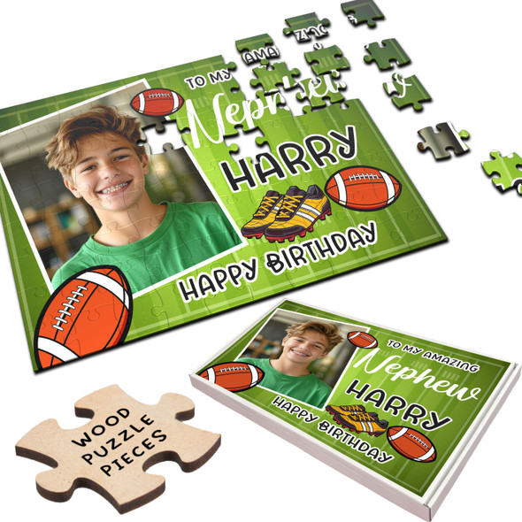 FREE WITH ORDERS OVER £30! - Birthday Gift For Nephew Photo Rugby Balls Personalised Wooden Jigsaw Puzzle