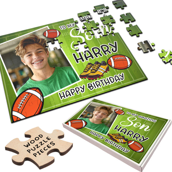 FREE WITH ORDERS OVER £30! - Birthday Gift For Son Photo Rugby Balls Custom Personalised Wooden Jigsaw Puzzle