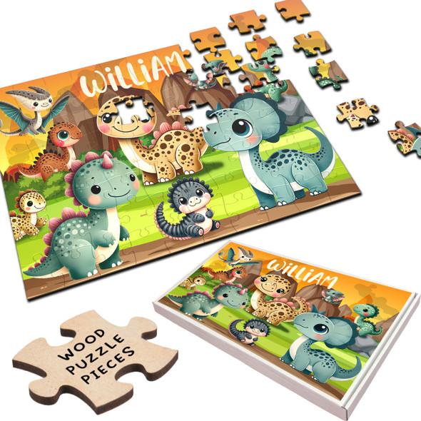 FREE WITH ORDERS OVER £30! - Cute Dinosaurs Gift For Kids Children Custom Personalised Wooden Jigsaw Puzzle
