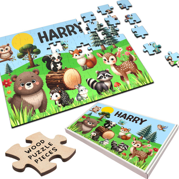 FREE WITH ORDERS OVER £30! - Cute Woodland Animals Kids Children's Gift Personalised Wooden Jigsaw Puzzle