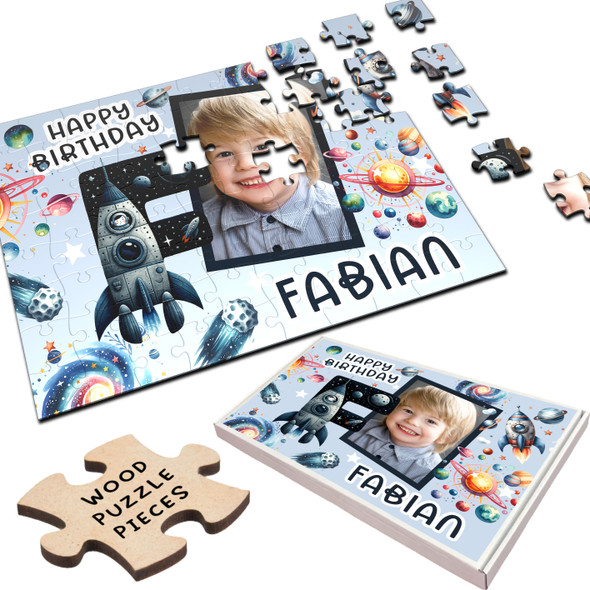 FREE WITH ORDERS OVER £30! - Kids Birthday Gift Boy Space Letter F Photo Personalised Wooden Jigsaw Puzzle FREE WITH ORDERS OVER £30! - Kids Birthday Gift Boy Space Letter F Photo Personalised Wooden Jigsaw Puzzle