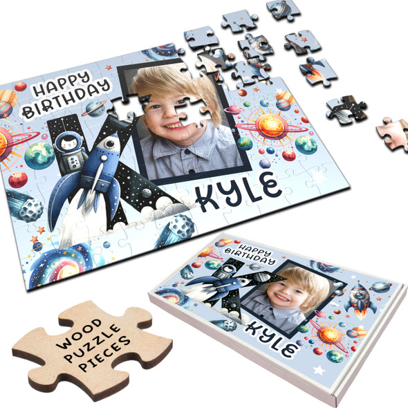 FREE WITH ORDERS OVER £30! - Kids Birthday Gift Boy Space Letter K Photo Personalised Wooden Jigsaw Puzzle FREE WITH ORDERS OVER £30! - Kids Birthday Gift Boy Space Letter K Photo Personalised Wooden Jigsaw Puzzle