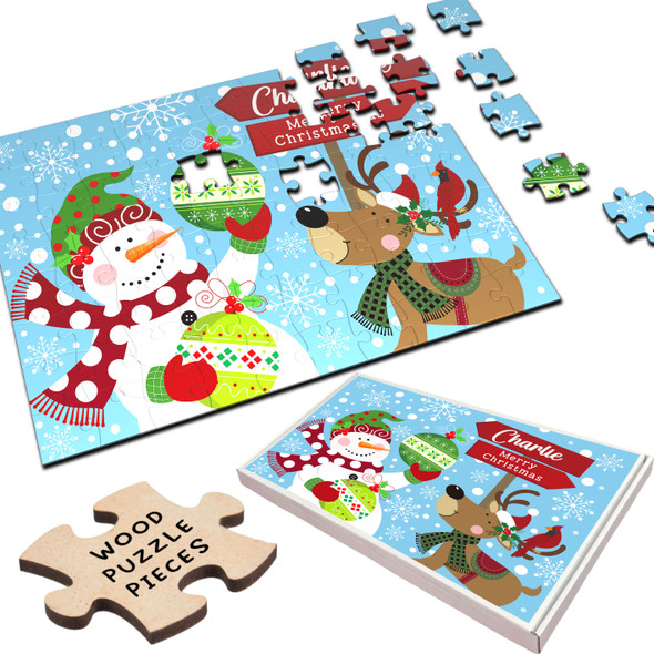 FREE WITH ORDERS OVER £30! - Snowman With Reindeer Christmas Children's Kids Gift Custom Wood Jigsaw Puzzle
