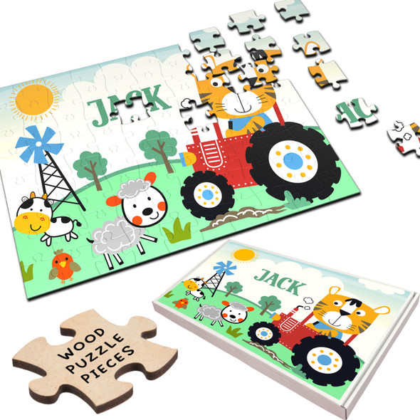 FREE WITH ORDERS OVER £30! - Tractor Tiger Farm Children's Kids Gift Custom Personalised Wooden Jigsaw Puzzle