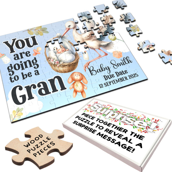 FREE WITH ORDERS OVER £30! - For Gran Baby Pregnancy Announcement Gift Stork Personalised Wood Jigsaw Puzzle FREE WITH ORDERS OVER £30! - For Gran Baby Pregnancy Announcement Gift Stork Personalised Wood Jigsaw Puzzle