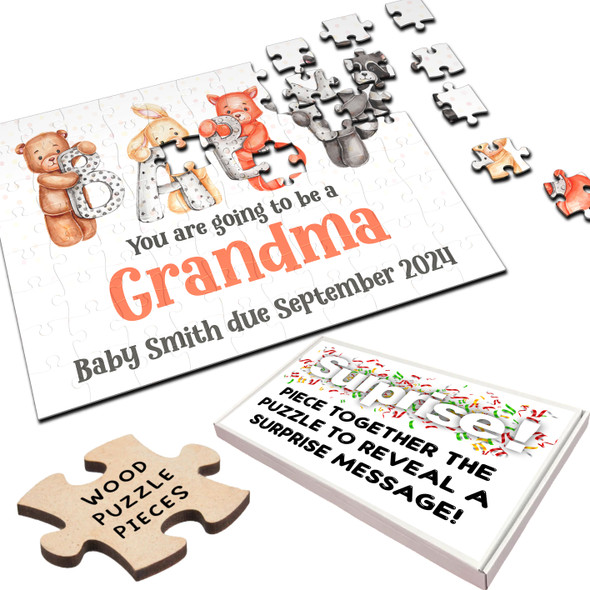 FREE WITH ORDERS OVER £30! - For Grandma Pregnancy Baby Announcement Gift Animals Custom Wood Jigsaw Puzzle