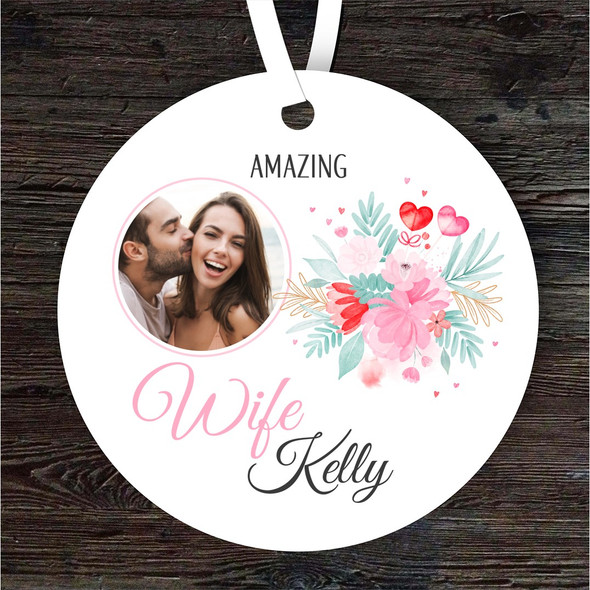 Gift For Wife Pink Heart Floral Round Personalised Hanging Ornament