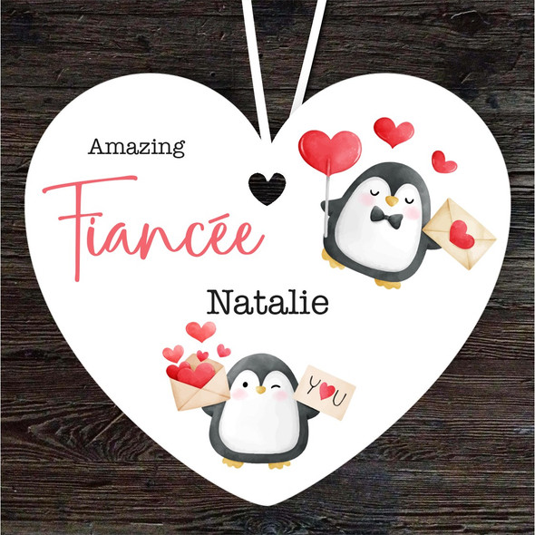 FREE WITH ORDERS OVER £20! - Gift For Fiancee Penguins With Hearts Heart Personalised Hanging Ornament