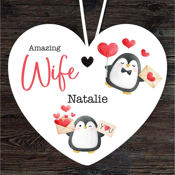 FREE WITH ORDERS OVER £20! - Gift For Wife Penguins With Hearts Heart Personalised Hanging Ornament