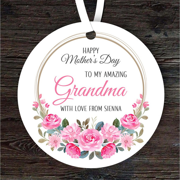 FREE WITH ORDERS OVER £20! - Grandma Pink Floral Wreath Mother's Day Gift Round Personalised Hanging Ornament
