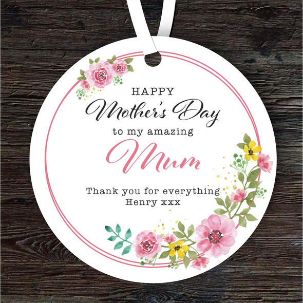 FREE WITH ORDERS OVER £20! - Mum Watercolour Pink Flower Wreath Mother's Day Gift Round Personalised Ornament