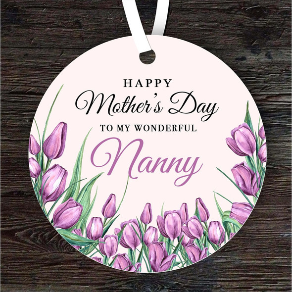 FREE WITH ORDERS OVER £20! - Nanny Purple Tulips Mother's Day Gift Round Personalised Hanging Ornament
