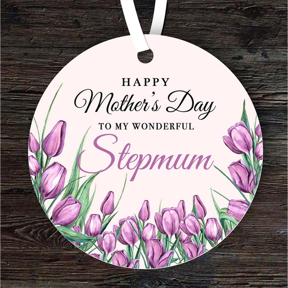 FREE WITH ORDERS OVER £20! - Stepmum Purple Tulips Mother's Day Gift Round Personalised Hanging Ornament