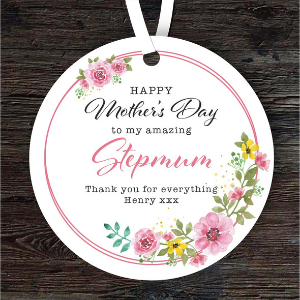 FREE WITH ORDERS OVER £20! - Stepmum Watercolour Pink Flower Wreath Mother's Day Gift Personalised Ornament